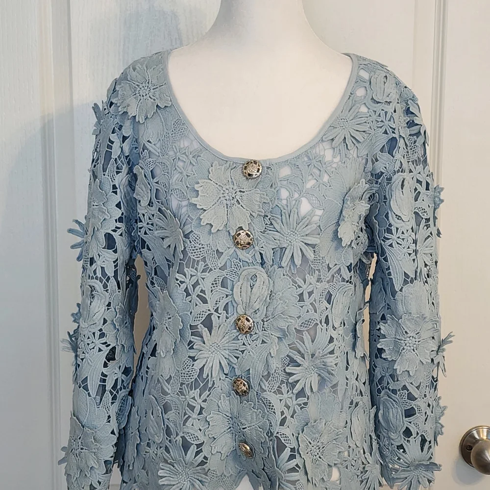 Boston Proper Floral Lace Blouse - Light Blue - Picture 3 of 12